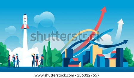 Business team watching rocket launch with arrows over stylized cityscape