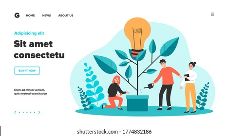 Business team watering innovation plant, growing tree with lightbulb. People having idea for eco future, environment, electricity. Flat vector illustration for teamwork, economy, climate concept