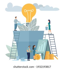 Business team watering innovation plant, growing tree with lightbulb. People having idea for eco future, environment, electricity. Flat vector illustration for teamwork, economy, climate concept