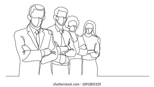business team wearing face masks - single line drawing