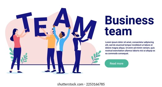 Business team web banner - Four  people holding up letters as a metaphor for teamwork. Flat design vector illustration with white background and copy space for text