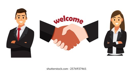 Business team welcomes new member with a handshake during a partnership meeting