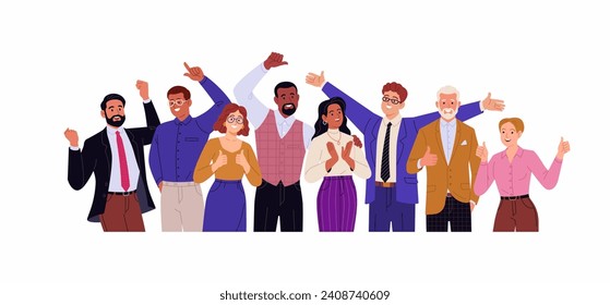 Business team of winners. Vector cartoon illustration in a flat style of a group of happy diverse people in business clothes, close up. Isolated on white