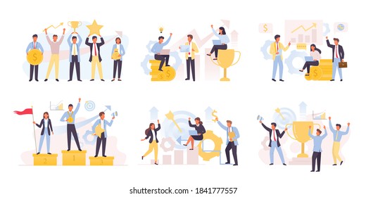 Business team winning and achieving set. Financial successful people is leaders exchange analytics marketing competitions profitable corporate startup with rating and golden cup best. Vector victory.