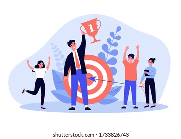 Business team winning prize cup. Best employee celebrating victory, champion holding award. Vector illustration for success, achievement, teamwork, successful career concept