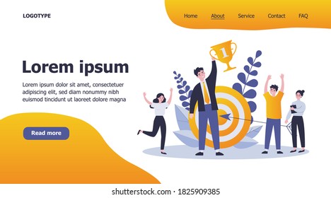 Business team winning prize cup. Best employee celebrating victory, champion holding award. Vector illustration for success, achievement, teamwork, successful career concept