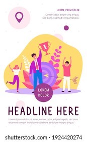 Business team winning prize cup. Best employee celebrating victory, champion holding award. Vector illustration for success, achievement, teamwork, successful career concept