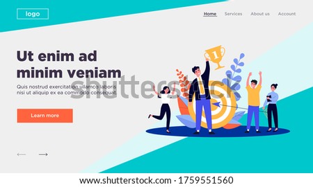 Business team winning prize cup. Best employee celebrating victory, champion holding award. Vector illustration for success, achievement, teamwork, successful career concept