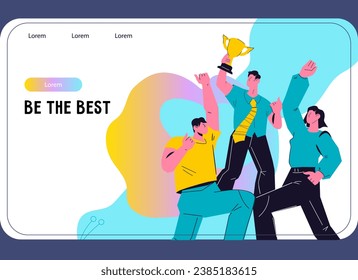 Business team wins an award, power of teamwork and collaboration concept for website banner, flat vector illustration. Business team achievements. Collaborative environment leads to success.