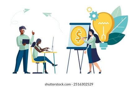 Business. Team work. African american ethnic workers people discuss investment growth financing idea, business women. Golden dollar coins on the banner, prosperity, profitability. Vector illustration