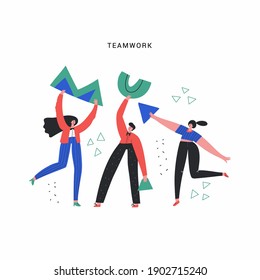 Business team, work and aid vector illustration. People with geometric shapes doodle drawing. Teamwork, partnership, cooperation concept. Coworkers flat characters isolated on white background