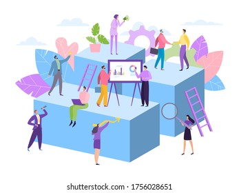Business team work, assistant concept vector illustration. Flat woman man caharcter work together for idea success, assistance support. Creative company cooperation, different work types.
