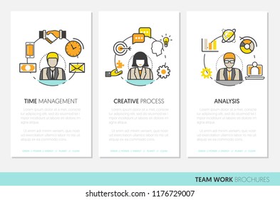 Business Team Work Brochure Template with Line Art Thin Vector Icons