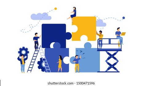 Business team work building puzzle concept vector illustration. People partnership man and woman challenge marketing corporate goal. Jigsaw piece cooperation character. Office banner unity part object