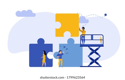Business team work building puzzle concept vector illustration. People partnership man and woman challenge marketing corporate goal. Jigsaw piece cooperation character. Office banner unity part object