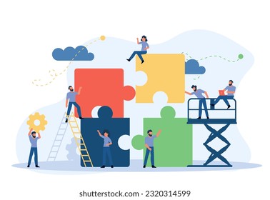 Business team work building puzzle concept vector illustration. People partnership man and woman challenge marketing corporate goal. Jigsaw piece cooperation character. Office banner unity part object