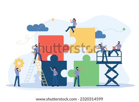 Business team work building puzzle concept vector illustration. People partnership man and woman challenge marketing corporate goal. Jigsaw piece cooperation character. Office banner unity part object