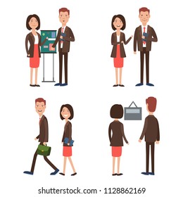 Business team at work character set. Teamwork, colleague, office staff, presentation. Can be used for topics like cooperation, training, business education, university