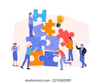 Business team work and collaboration to implement innovative idea, flat vector illustration isolated on white. Teamwork and cooperation.