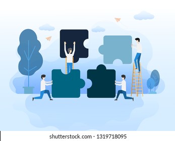 Business team work concept Four businessmen are pushing the puzzle together. Vector art and illustrations Eps10