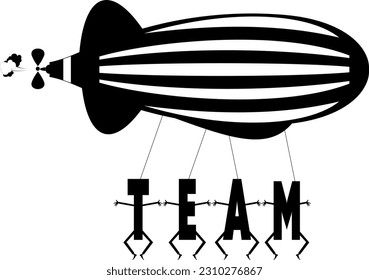 Business. Team work in business concept. 
Letters T, E, A, M flying on the airship. Black and white
