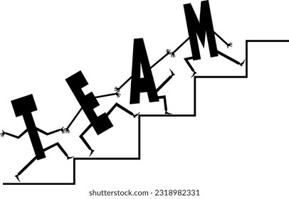 Business. Team work in business concept. 
Letters T, E, A, M going upstairs to success. Black and white illustration
