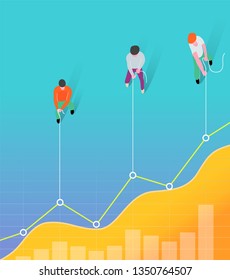  Concepto de trabajo del equipo de negocios. Hombres tirando de la tabla de líneas. Ilustración del concepto de negocio del mercado de valores.