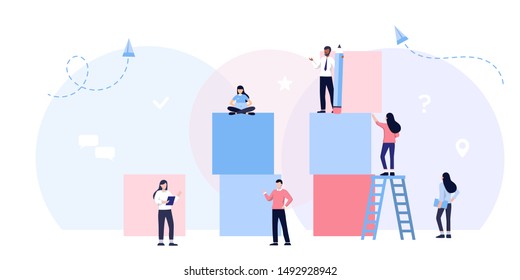 Business team work concept. People building chart, graph. cooperation, partnership. Achievements of goals. setting tasks. Achievement plan. Leader guiding his team towards success for web site, banner