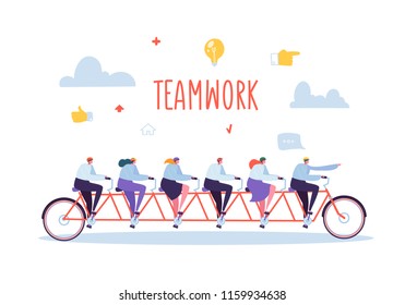 Business Team Work and Cooperation Concept. Flat People Characters Riding Six Person Tandem Bicycle. Man and Woman Collective Perfomance. Vector illustration