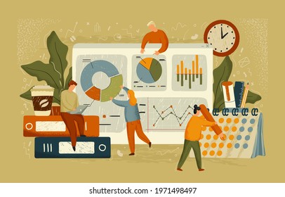 Business team work with dashboard concept vector illustration. Hand drawn data analytics posters. People work with data graph, finance reports. Business and office design
