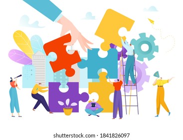 Business team work design, teamwork partnership puzzle vector illustration. Success strategy concept, people corporate idea together. Man woman cooperation communication at flat jigsaw.