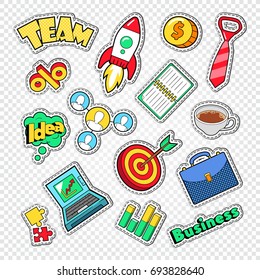 Business Team Work Doodle. Finance and Creative Idea Stickers, Badges and Patches. Vector illustration