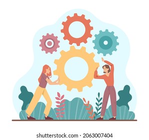 Business team work. Employees turning gears together. Workflow management, department, leader. Strategy, performing tasks, achieving goals. Cartoon vector illustration isolated on white background