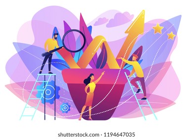 Business team work with growth chart in flower pot. Sustainable development and business growth, evolution and progress concept on white background. Bright vibrant violet vector isolated illustration