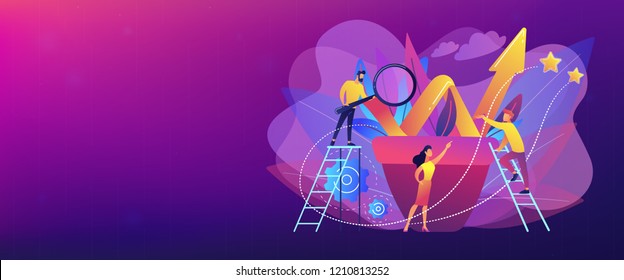 Business team work with growth chart in flower pot. Sustainable development and business growth, evolution and progress concept on white background. Header or footer banner template with copy space.