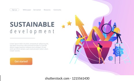 Business team work with growth chart in flower pot. Sustainable development and business growth, evolution and progress concept on white background. Website vibrant violet landing web page template.