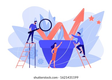 Business team work with growth chart in flower pot. Sustainable development and business growth, evolution and progress concept on white background. Pink coral blue vector isolated illustration