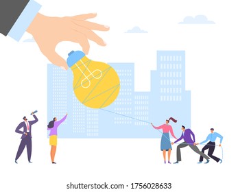 Business team work hard for getting idea from large hand, vector illustration. Man woman character holding rope together, corporate success teamwork. Adult persons help team in growth.
