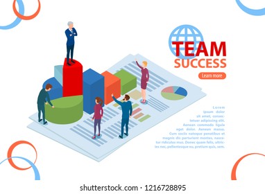 Business team work management and administration concept. People characters, on business building.  Flat isometric infographics or banner. Illustration with text place isolated on white.