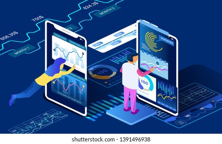 Business team work with new project or  startup. Trendy isometric illustration. 3d infographic.