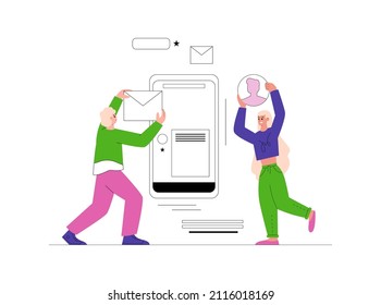 Business team work on UX design for smartphone mobile app, outline vector illustration. User experience design process.