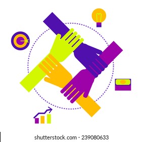 Business team work. People joining hands for business target. vector illustration