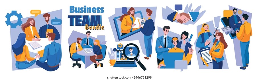 Business team. Work people, professional teamwork group at office, meeting communication, career presentation, company speak, conversation discussion. Vector character, cartoon flat isolated concept