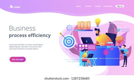 Business team and work process steps from idea to target. Business workflow, business process efficiency, working activity pattern concept. Website vibrant violet landing web page template.