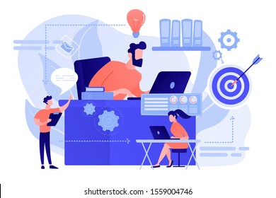 Business team and work process steps from idea to target. Business workflow, business process efficiency, working activity pattern concept. Pinkish coral bluevector isolated illustration