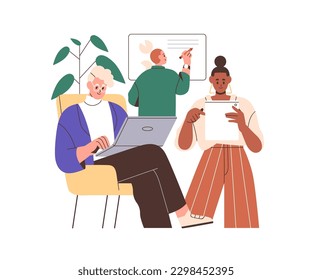 Business team work process. Teamwork, company workers concept. Colleagues doing different tasks for common project. Workers group working. Flat graphic vector illustration isolated on white background