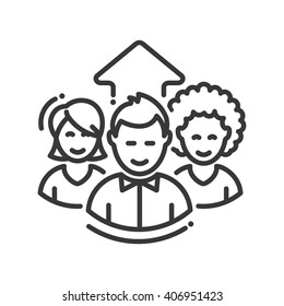 Business team work progress single isolated modern vector line design icon. Group of people with a an arrow up