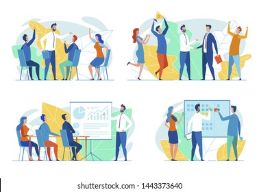 Business Team Work Situations Flat Vectors Set Isolated on White Background. Office Workers Brainstorming Ideas, Company Leaders Celebrating Deal, Colleagues Planning Strategy on Meeting Concepts