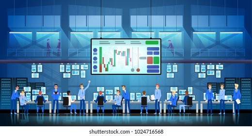 Business team work success concept. Online trading. Brokerage trading on the stock exchange vector in flat style design. Group of businessmen enjoys success deal on stock market illustration