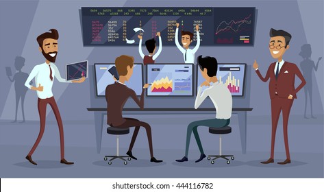 Business team work success concept. Online trading. Brokerage trading on the stock exchange vector in flat style design. Group of businessmen enjoys success deal on stock market illustration.